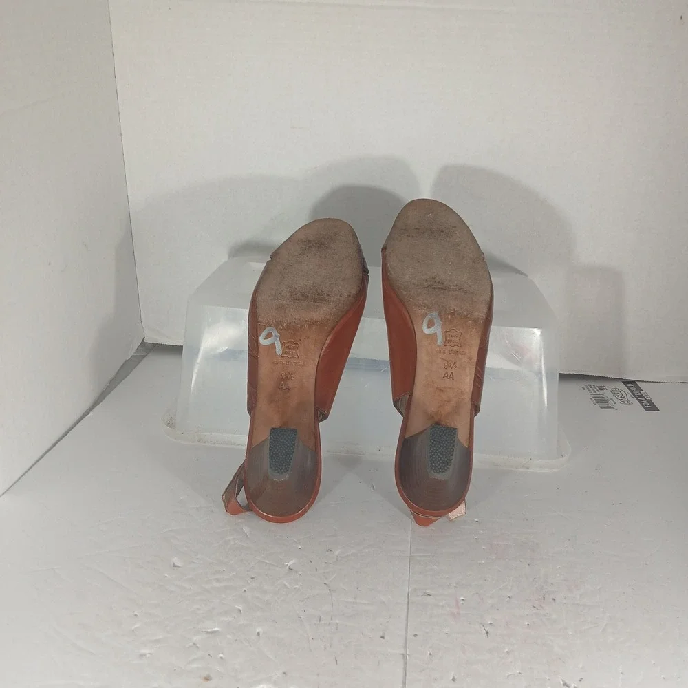 Bruno Magli Slingback Heels 8.5 AA Brown Leather Croc Peep Toe Italian Sandals